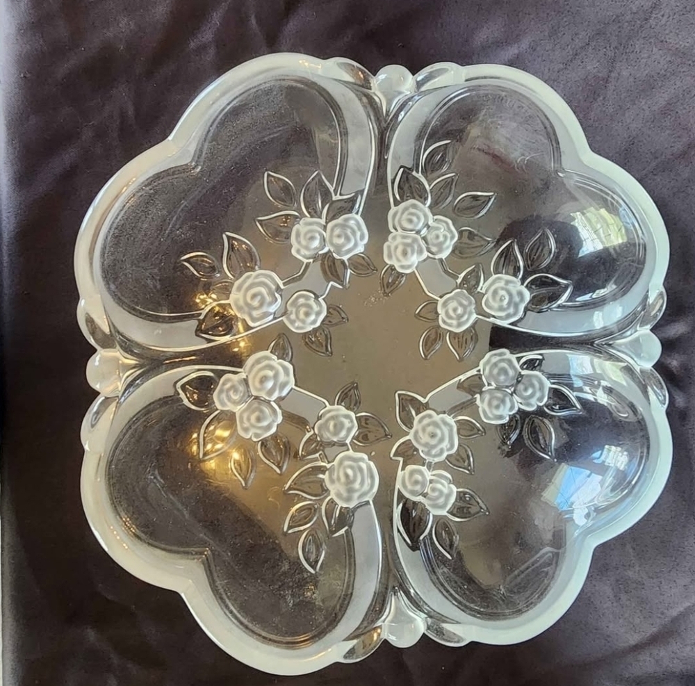 Large Crystal Glass Floral Bowl/Dish 12 Inches Across Raised Flowers at the Base